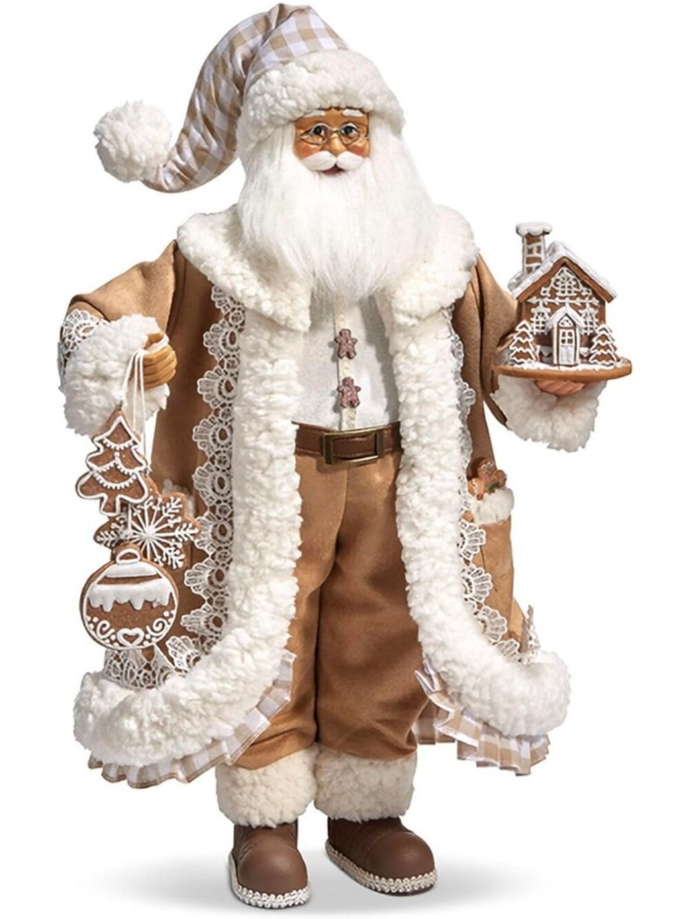Gingham Gingerbread Santa Figurine - 18" Holiday Decor, Festive Christmas Accent